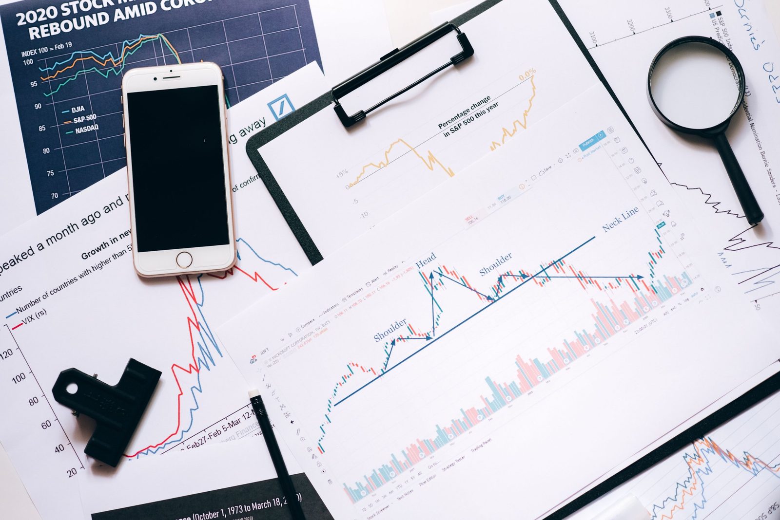 Financial market data, charts and analysis documents spread across a desk